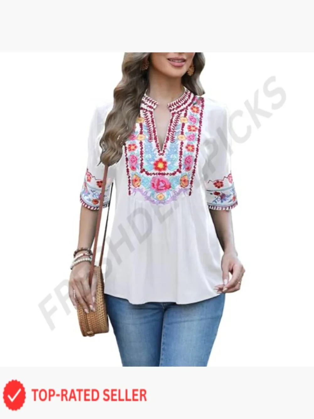 Embroidered V-Neck Blouse Short Sleeve Floral Boho Peasant Top Relaxed Fit - Picture 3 of 5
